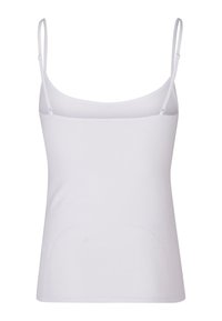 White camisole made of soft, stretch fabric. Features adjustable thin straps and a fitted design, smooth texture, and no visible patterns.