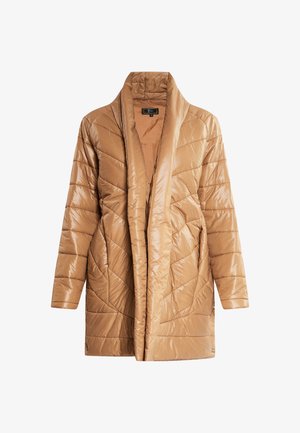 Svetlohnedý, vypchávaný kabát so štýlovým golierom, diagonálnym prešívaním, dlhými rukávmi a otvoreným predným dizajnom. Lesklý materiál.