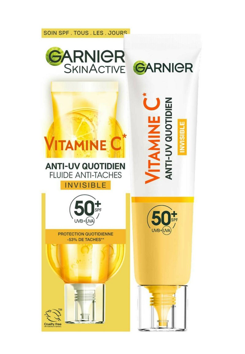 Crème solaire Garnier Vitamine C SPF 50+, dans un tube blanc et jaune, avec un capuchon transparent et un design mettant en avant la protection UV et les propriétés anti-imperfections.