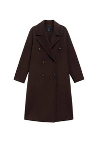 Manteau en mélange de laine marron avec un design croisé, grands revers et six boutons ronds. Manches longues avec des ourlets droits.