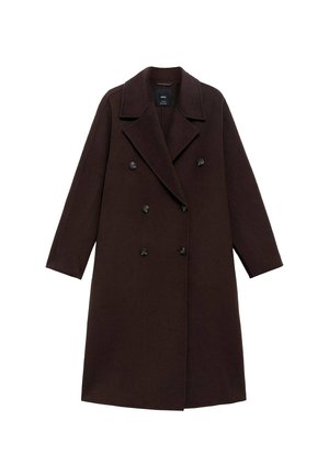 Brown wool blend coat featuring a double-breasted design, large lapels, and six round buttons. Long sleeves with straight hems.