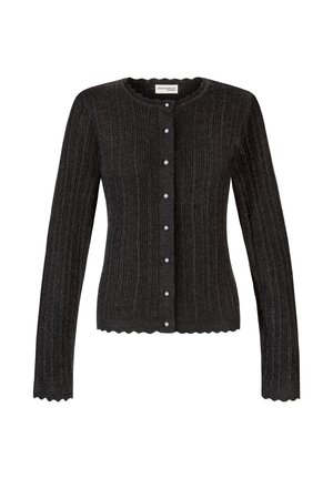 Dunkelgrauer, kabelgestrickter Cardigan mit Perlenknöpfen, wellenförmigen Kanten an Bündchen und Saum und einem runden Ausschnitt.