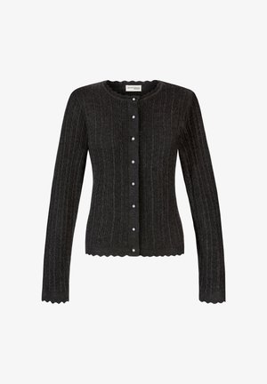 Dunkelgrauer, kabelgestrickter Cardigan mit Perlenknöpfen, wellenförmigen Kanten an Bündchen und Saum und einem runden Ausschnitt.