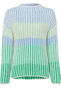 Strickpullover mit gestreiftem Muster in Blau, Grün und Weiß. Die Textur ist gerippt, mit langen Ärmeln und einem Rundhalsausschnitt.