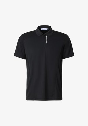 Polo nera a maniche corte con colletto con zip e scritta del marchio "Sergio Tacchini" lungo la zip.