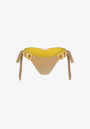 Gold bikini bottom with a shimmering texture, featuring a yellow interior and a decorative belt with clear gems. Ties at the sides.