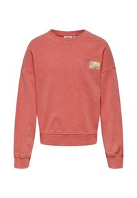 Sweatshirt corail à col ras du cou en mélange de coton doux. Présente une petite étiquette multicolore sur la poitrine gauche. Poignets et ourlet côtelés.