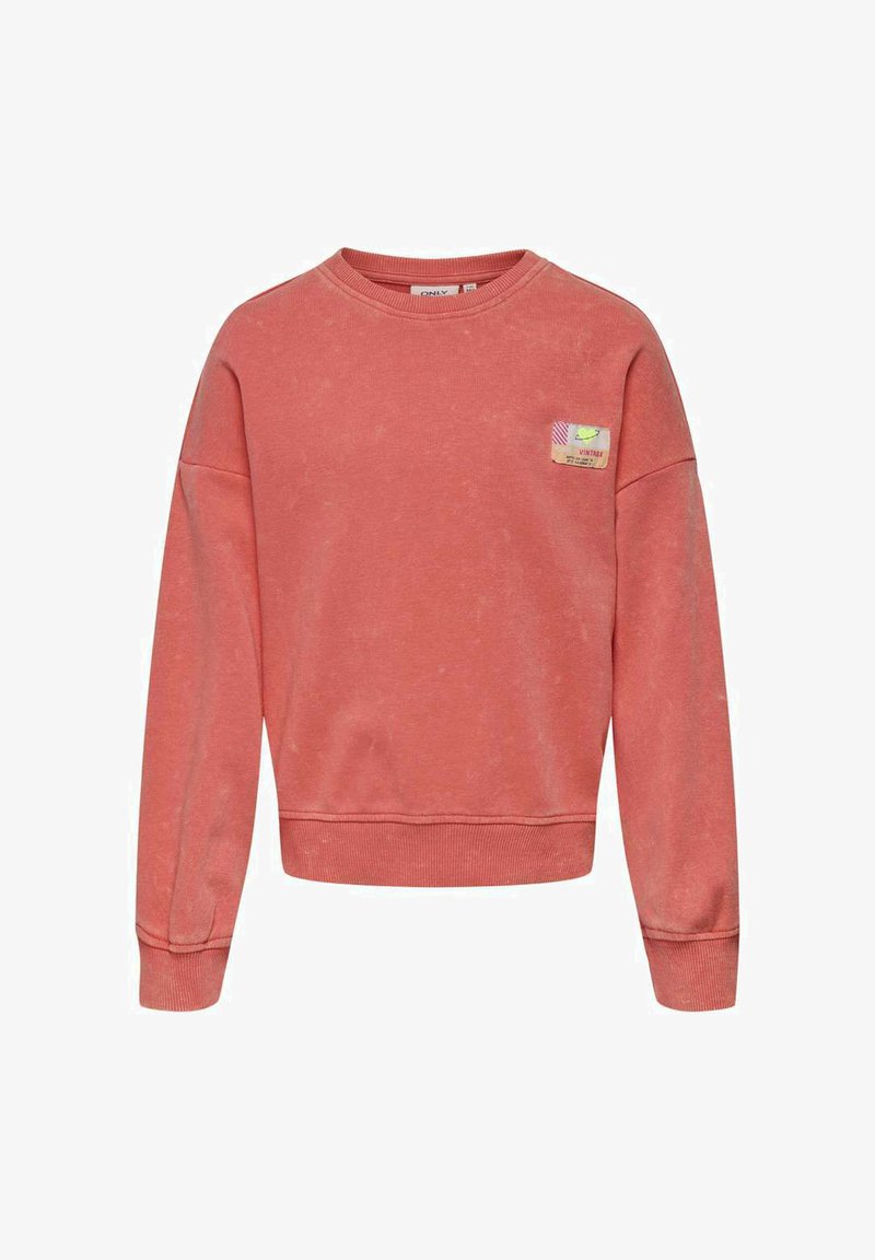 Sweatshirt corail à col ras du cou en mélange de coton doux. Présente une petite étiquette multicolore sur la poitrine gauche. Poignets et ourlet côtelés.