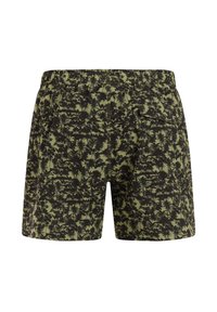 Pantaloncini realizzati in tessuto leggero di colore verde oliva con motivo a palme nere. Presentano una cintura elastica e due tasche laterali.