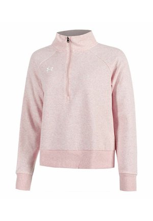 Helle rosa Fleece-Quarter-Zip-Sweatshirt mit Raglanärmeln, gerippten Bündchen und einem Logo auf der linken Brust. Weicher, strukturierten Stoff.