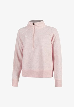 Helle rosa Fleece-Quarter-Zip-Sweatshirt mit Raglanärmeln, gerippten Bündchen und einem Logo auf der linken Brust. Weicher, strukturierten Stoff.
