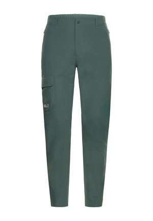 Pantaloni verdi aderenti con una tasca laterale cargo con un piccolo logo, passanti per cintura e una vita con bottone.