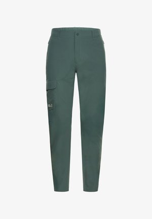 Pantaloni verdi aderenti con una tasca laterale cargo con un piccolo logo, passanti per cintura e una vita con bottone.