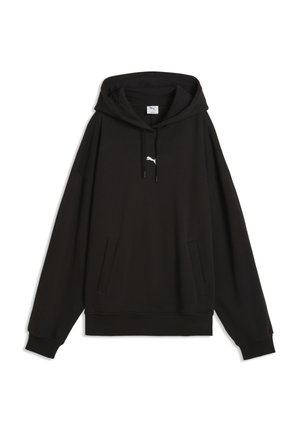 Schwarzer Hoodie mit langen Ärmeln, Fronttaschen, Kordelzug an der Kapuze, gerippten Bündchen und kleinem weißem Puma-Logo auf der Brust.