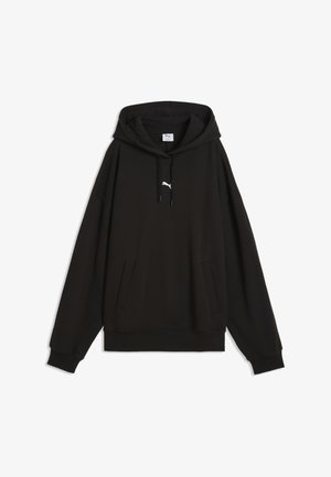 Zwarte hoodie met lange mouwen, voorzakken, trekkoord in de capuchon, geribde boorden en een klein wit Puma-logo op de borst.