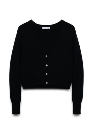 Cardigan nero corto con scollo a V e maniche lunghe, con sei bottoni floreali in tonalità argento sulla parte frontale. Materiale morbido e lavorato a maglia con trama.