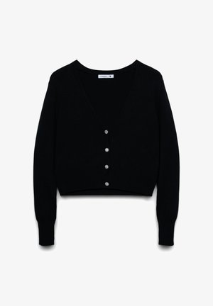 Cardigan nero corto con scollo a V e maniche lunghe, con sei bottoni floreali in tonalità argento sulla parte frontale. Materiale morbido e lavorato a maglia con trama.