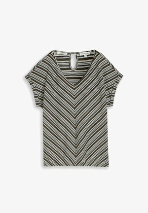 Kurzärmeliges Stricktop mit Chevron-Streifen in Schwarz, Weiß und Olivgrün, mit V-Ausschnitt und Schlüsselloch-Knopfverschluss hinten.
