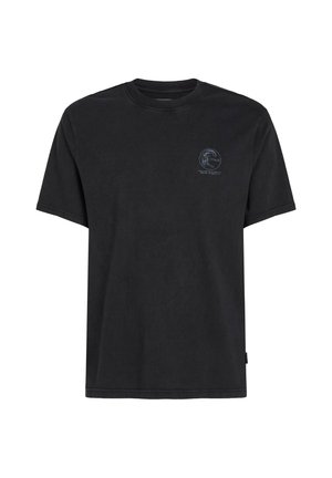 Black short-sleeve T-shirt made of cotton, featuring a small logo print on the chest and a crew neckline. Smooth texture, relaxed fit.