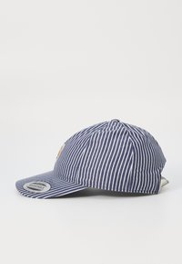 Baseball cap in navy blue with white vertical stripes, featuring a curved brim and an adjustable strap at the back. Notable logo detail on the front.