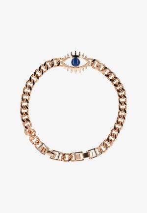 Guldarmbånd med en øjeformet midterdel med en blå sten og sorte emaljeaccenter på leddene.