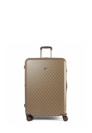 Beiger Hartschalenkoffer mit Monogramm-Muster, braunem Griff, vier Rädern und ausziehbarem Teleskopgriff.