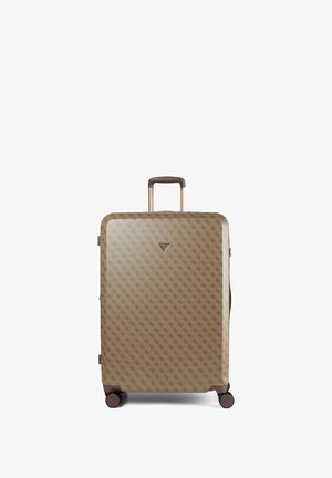 Beige harde koffer met monogrampatroon, bruine handgreep, vier wielen en een verlengde uitschuifbare handgreep.