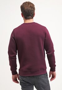 Sudadera color burdeos con cuello redondo, puños y dobladillo acanalados. Hecha de tela suave, presenta un color sólido sin patrones ni adornos.