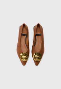 Brown leather flats with a pointed toe, featuring a large gold-toned circular accent on the vamp and a smooth interior lining.