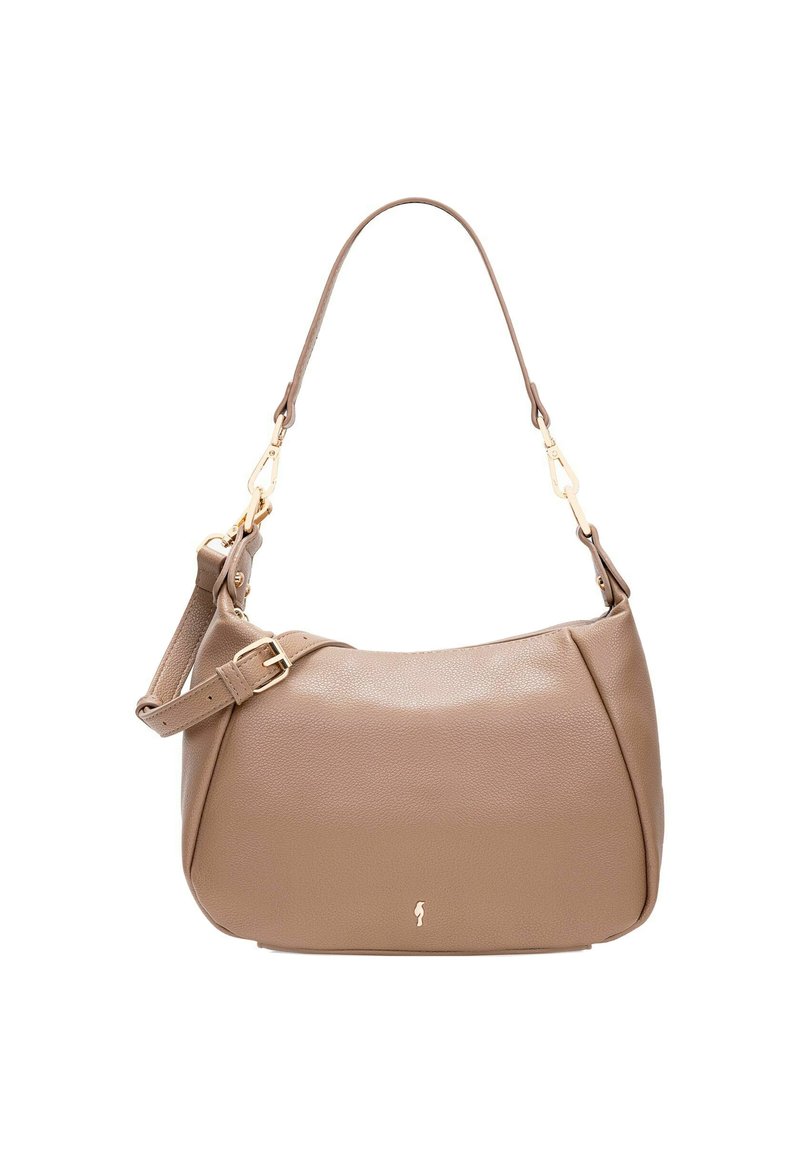 Teksturowana, jasnobrązowa torebka skórzana z pojedynczym paskiem na ramię, złotymi detalami i subtelnym logo z przodu.