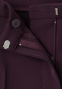 Gros plan de la fermeture d'un vêtement violet foncé montrant une fermeture éclair, un bouton, un crochet en tissu et des détails de couture.