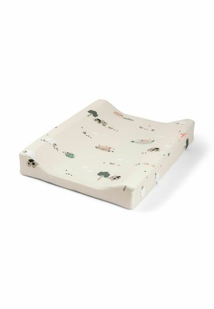 Prebaľovacia podložka pre bábätká krémovej farby s vyvýšenými stranami, zdobená malými ilustráciami farmových zvierat a stromov.