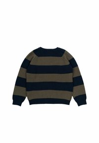Strickpullover mit horizontalen Streifen in Olivgrün und Marineblau, Rippstruktur, Rundhalsausschnitt und langen Ärmeln.