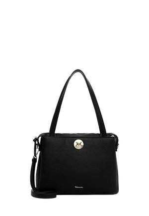 Black textured leather handbag with two shoulder straps, a detachable crossbody strap, and a metal circular logo on the front.