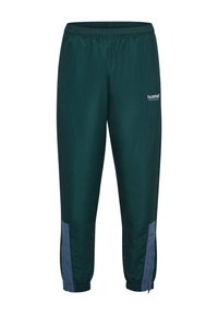 Grüne Sporthose mit flexiblem Bund, kontrastierenden blauen Seitenstreifen, Reißverschlüssen an den Bündchen und einem kleinen Markenlogo auf der Vorderseite.