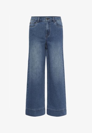 Jean en denim à jambes larges de couleur bleu moyen, avec un design classique à cinq poches, fermeture à bouton et un léger délavage sur les cuisses et l'ourlet.