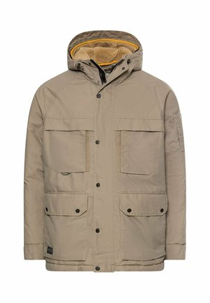 Beige Isolierjacke mit Reißverschluss und Druckknopfverschluss, einer Kapuze und mehreren Vorderentaschen. Gefüttert mit weichem gelbem Stoff für zusätzliche Wärme.