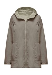 Giacca leggera con cappuccio in taupe tenue, con zip integrale, due tasche laterali e un tessuto strutturato. Fodera interna liscia.