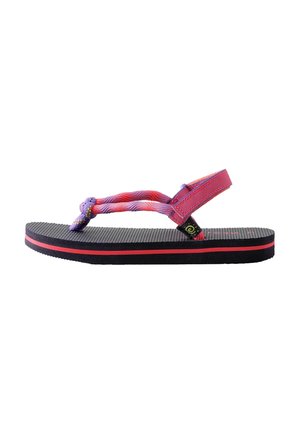 Schwarzer, strukturierter Sohlen-Sandale mit pinken und violetten Stoffriemen, ausgestattet mit einer Zehenöse und Fersenriemen mit einem kleinen schwarzen Etikett.