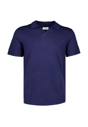 Marineblaues, kurzärmeliges Strick-Poloshirt mit geripptem Kragen, V-Ausschnitt und Saum, dargestellt auf weißem Hintergrund.