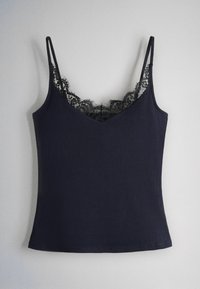 Black ribbed camisole with thin straps and lace trim along the neckline, displayed against a light gray background.