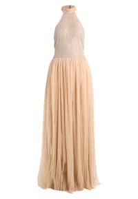 Halter-neck aftonklänning med en glittrande beige överdel och en flödande, genomskinlig tullekjol, med samlad textur och en stängning baktill.