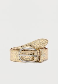 Curea din piele cu model de leopard auriu, având o cataramă metalică argintie. Textură netedă cu o suprafață modelată, concepută pentru fixare.