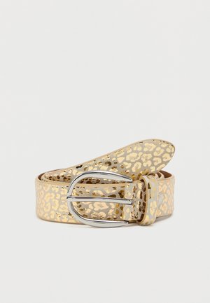 Curea din piele cu model de leopard auriu, având o cataramă metalică argintie. Textură netedă cu o suprafață modelată, concepută pentru fixare.