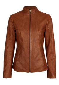 Braune Lederjacke mit hohem Kragen, taillierter Passform, Seitentaschen und Frontreißverschluss. Verfügt über dezente Stickdetails an den Ärmeln.