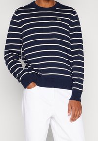Navy niebieski sweter w paski wykonany z dzianiny, z białymi poziomymi paskami i okrągłym dekoltem. Logo Lacoste wyhaftowane na piersiach.