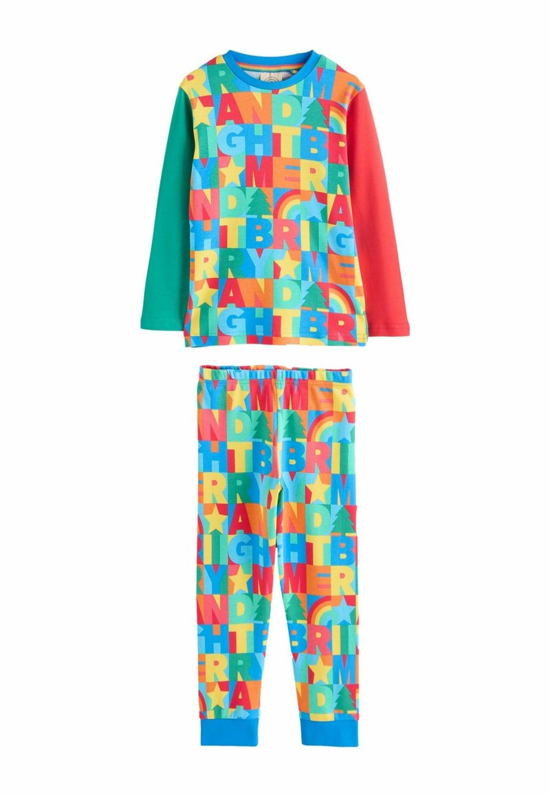 Färgglatt pyjamaset i mjukt tyg med ett grafiskt mönster av olika bokstäver, träd och stjärnor i klara färger. Långärmad tröja och byxor.