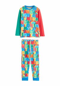 Värikäs pyjamasetti, joka on valmistettu pehmeästä kankaasta ja jossa on graafinen kuvio erilaisilla kirjaimilla, puilla ja tähdillä kirkkaissa väreissä. Pitkät hihat ja housut.