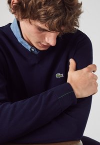 Marineblauer Strickpullover mit V-Ausschnitt, der ein kleines grünes gesticktes Logo auf der Brust und grüne Akzentnähte an den Bündchen aufweist.