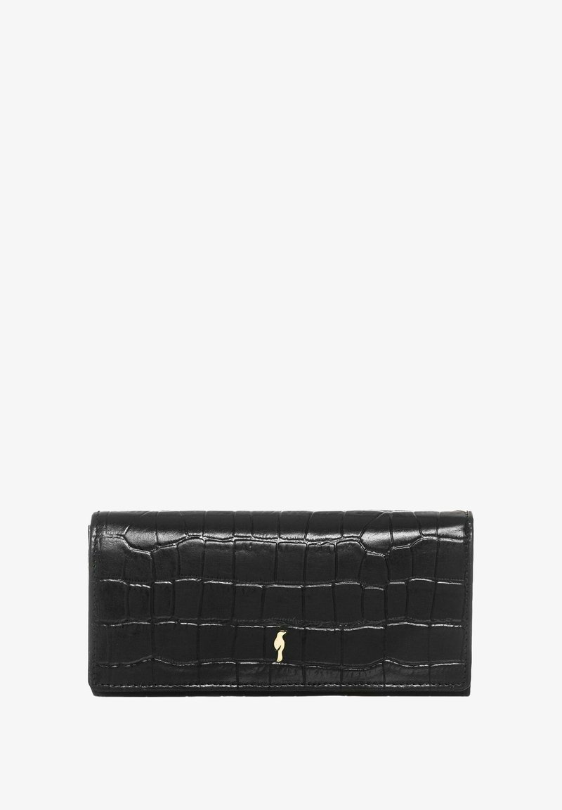 Czarny skórzany portfel z teksturą krokodylej skóry, prostokątny kształt, złote akcenty i gładkie wykończenie. Kompaktowa konstrukcja ułatwiająca użytkowanie.